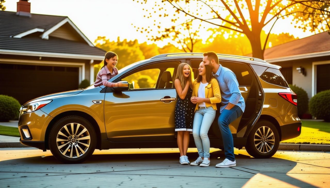 Une famille heureuse s'apprête à entrer dans une voiture d'occasion, souriante dans un environnement ensoleillé avec une ambiance chaleureuse, symbolisant la joie et la convivialité.
