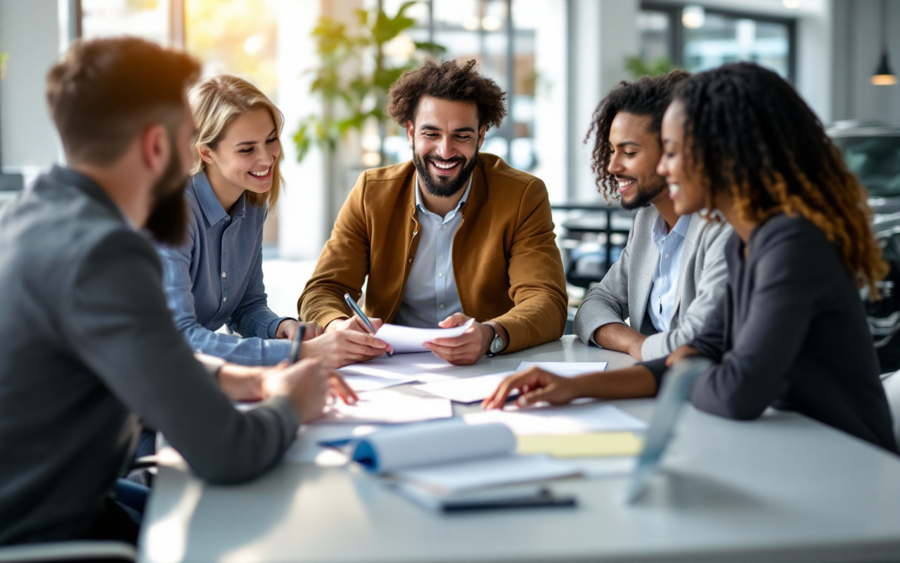 Groupe divers de personnes discutant des options de financement automobile dans un bureau moderne, entouré de documents et d'ordinateurs portables, lumière naturelle vive illuminant la scène