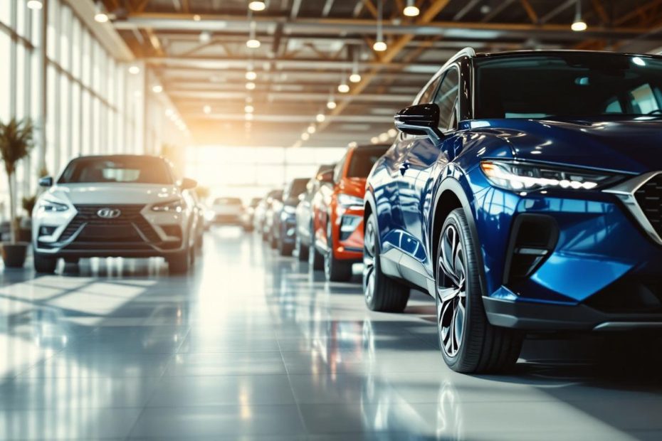 Un alignement de SUV dans une concession automobile, montrant différents modèles sous un éclairage lumineux, avec des designs élégants et des surfaces réfléchissantes.