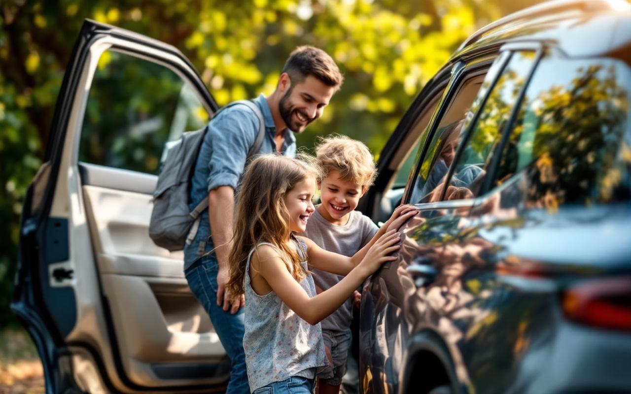 Une famille en pleine évaluation d'un SUV, avec des enfants souriants explorant le véhicule, dans un cadre naturel ensoleillé et verdoyant.
