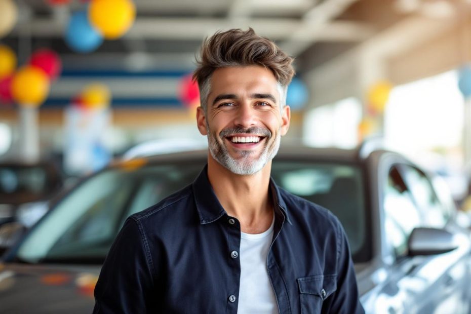 Une personne heureuse souriant devant une voiture neuve dans une concession automobile, avec un environnement coloré et lumineux.