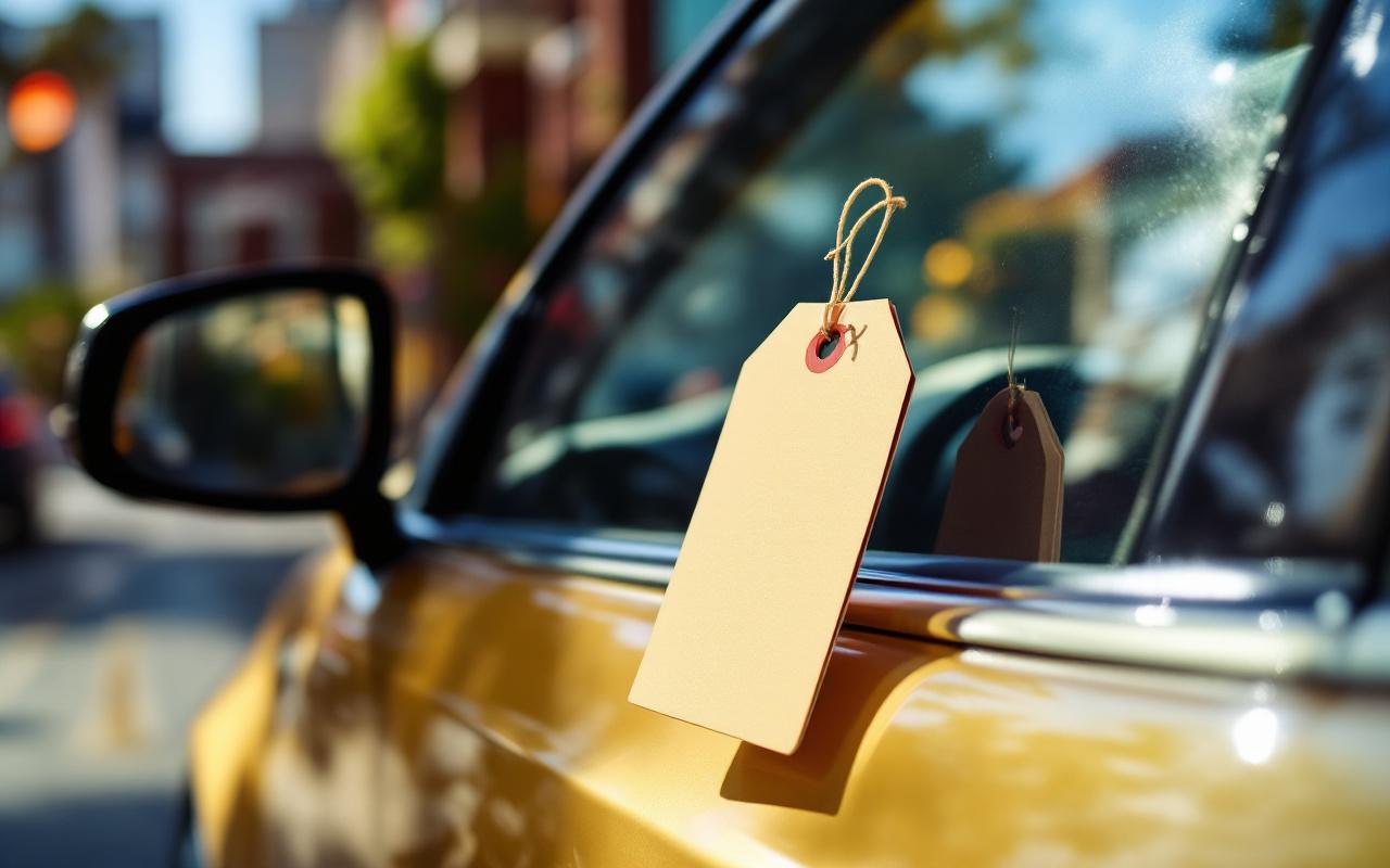 Une voiture moderne garée dans un environnement urbain, baignée par la lumière du soleil, avec une étiquette de prix accrochée au rétroviseur.
