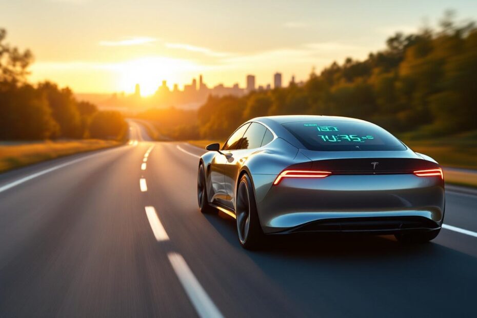 Berline électrique profilée roulant sur une autoroute au coucher du soleil, éclairage volumétrique doré et léger flou de mouvement. Un affichage HUD vert sur le pare-brise et le tableau de bord montre la consommation d'énergie, arrière-plan avec skyline urbain.