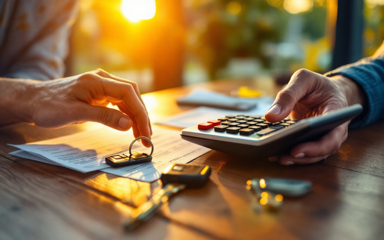 Gros plan photo réaliste de mains utilisant une calculatrice sur une table en bois, clés de voiture posées à côté et reçus de carburant éparpillés, éclairage chaud de coucher de soleil filtrant à travers la fenêtre.