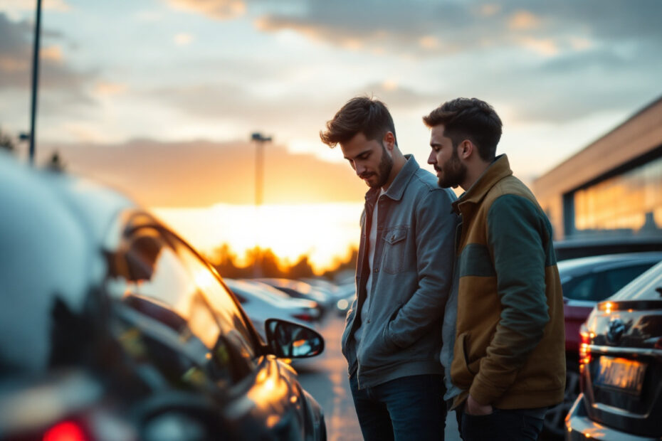Jeune couple examinant une voiture d'occasion sur le parking d'une concession, regards concentrés, lumière dorée de fin de journée, rangées de véhicules en arrière-plan, ambiance réaliste et naturelle.