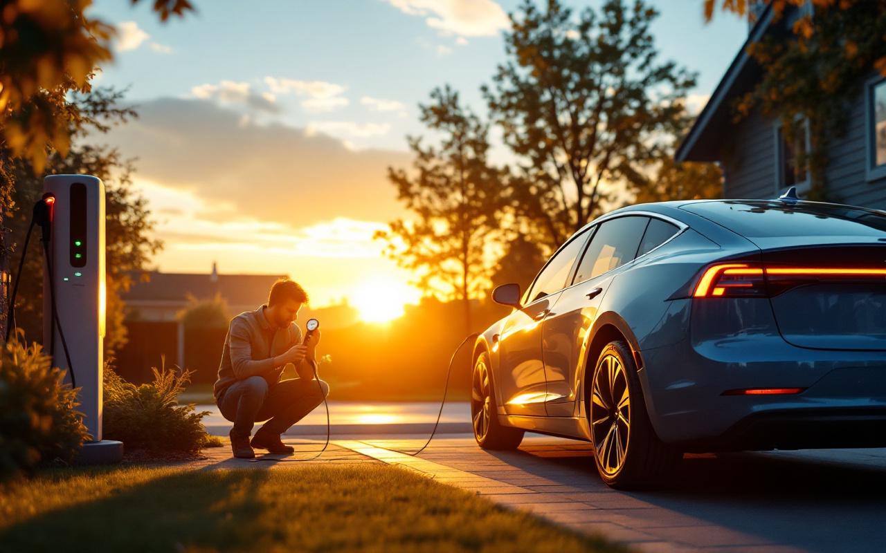 Voiture électrique en charge dans l'allée d'une maison, conducteur accroupi vérifiant la pression d'un pneu avec un manomètre, lumière chaude du coucher de soleil mêlée à des tons bleus, ambiance réaliste et domestique.