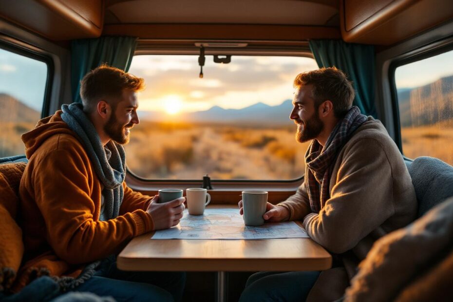 Un couple dans un camping-car, examinant une carte et un ordinateur portable sur une petite table en bois, tasses de café et couvertures, lumière dorée du coucher de soleil traversant la fenêtre, ambiance chaleureuse et réaliste.