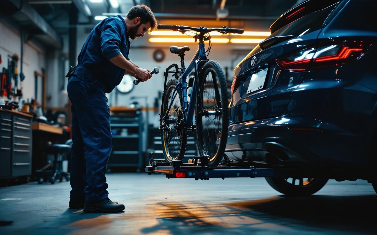 Mécanicien en combinaison bleue fixant un porte-vélos sur la barre d'attelage d'une voiture dans un garage, mains tenant une clé, établi et outils en arrière-plan, éclairage volumétrique doux et ambiance réaliste.