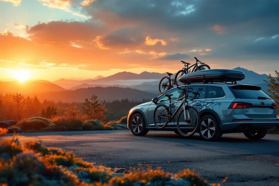 Photo réaliste d'une voiture familiale garée sur un parking de montagne, chargée d'un coffre de toit et de vélos, éclairage doux de coucher de soleil avec tons chauds orangés et ciel bleu profond, sommets et pins en arrière-plan.