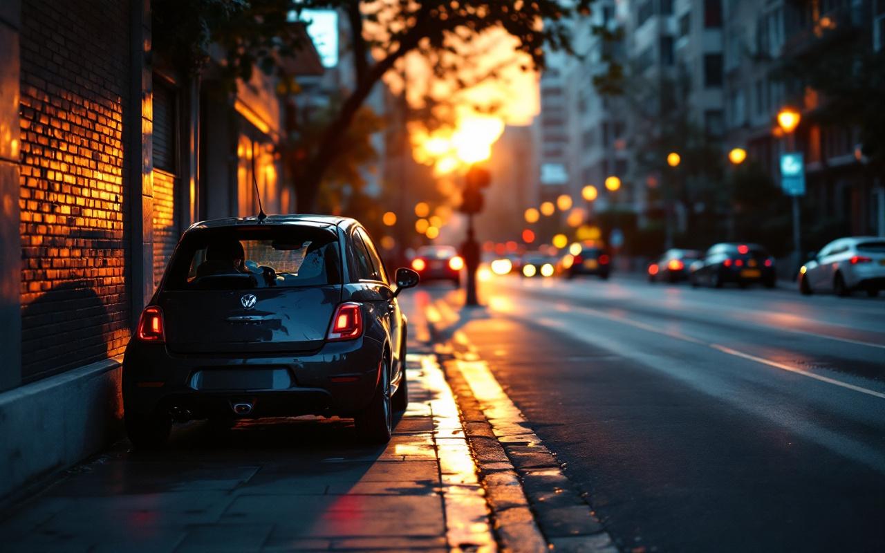 Un conducteur manœuvre une petite voiture pour se garer dans une place de stationnement étroite en milieu urbain, sous une lumière dorée de coucher de soleil et des reflets sur le bitume humide.