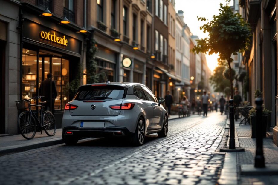 Voiture citadine compacte garée dans une rue urbaine très étroite, bordée de pavés, façades et vitrines, vélos et passants à proximité, éclairée par une douce lumière de coucher de soleil avec léger effet volumétrique, tons dominants gris, beige chaud et vert profond.