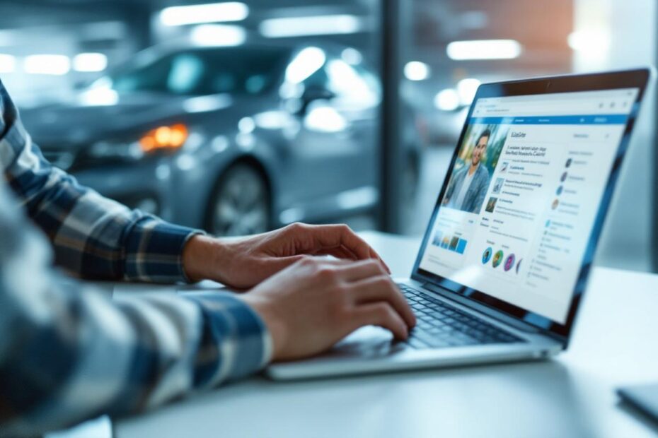 Un homme examine une annonce de voiture sur un ordinateur portable, dans un espace lumineux, avec une voiture d’occasion visible en arrière-plan dans un parking.