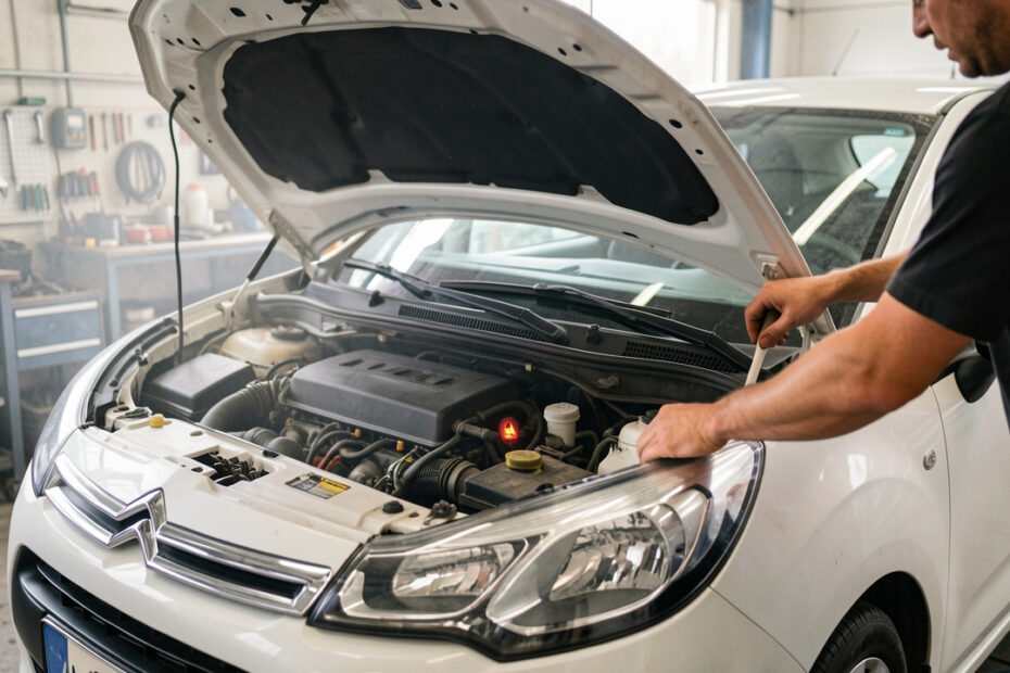 Citroën C3 essence stationnée dans un atelier, capot ouvert, intérieur de tableau de bord discret avec un voyant moteur léger, ambiance photo journalistique automobile.