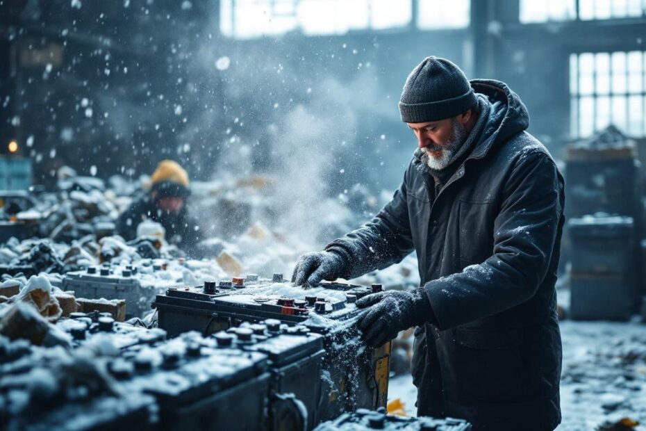 Un homme en manteau d’hiver examine une ancienne batterie de voiture dans un atelier de recyclage, avec une ambiance froide et une atmosphère brumeuse.
