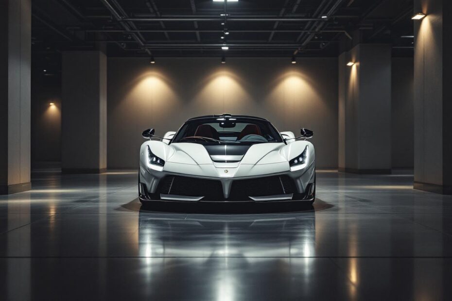 Supercar blanche et noire stationnée dans un garage haut de gamme, ambiance luxueuse, éclairage cinématographique mettant en valeur les reflets et la carrosserie.