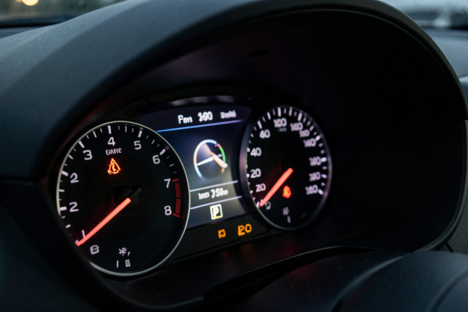 Gros plan du tableau de bord d’une voiture moderne avec un voyant d’injection lumineux, ambiance réaliste et pédagogique, éclairage tamisé et détails nets des instruments.