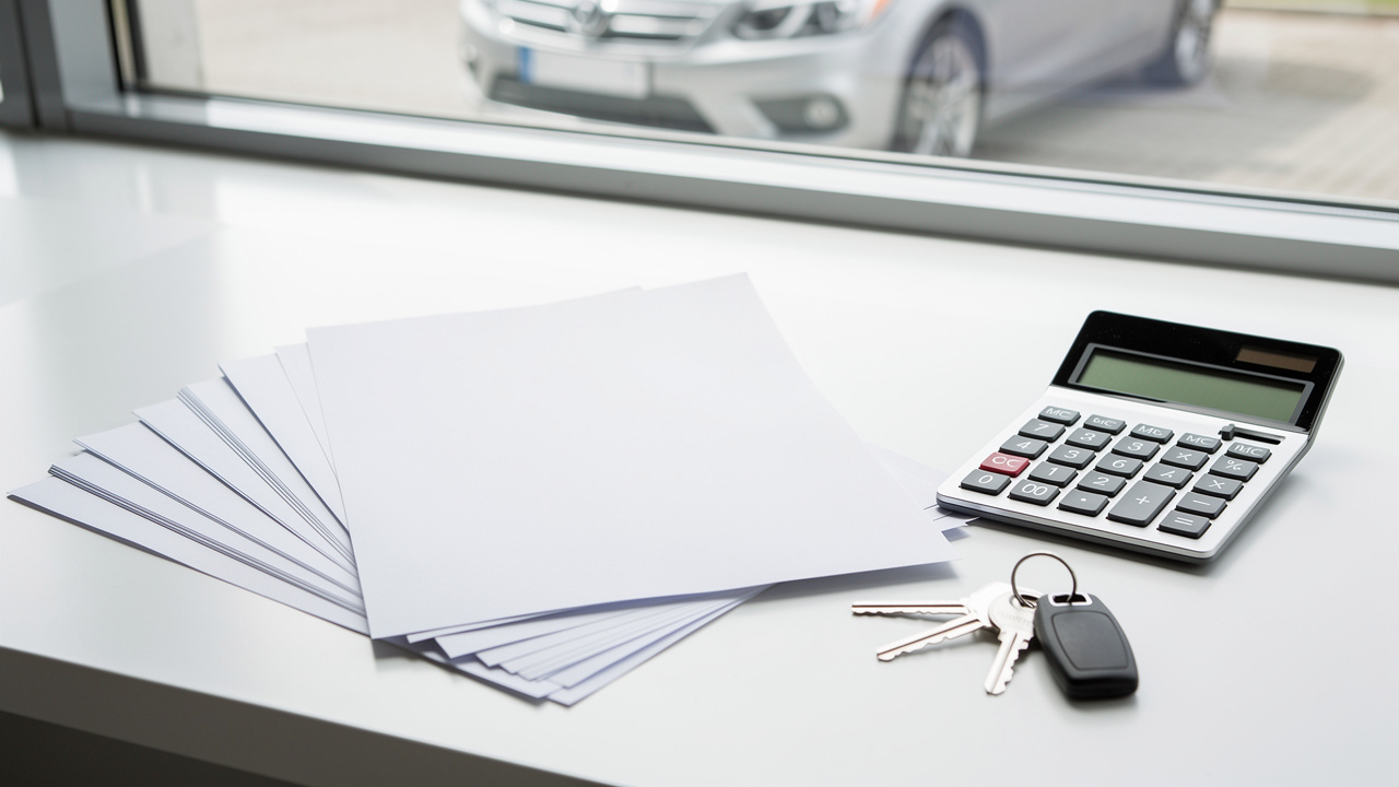 Vue rapprochée d’un document de crédit automobile vierge, d’une calculatrice et de clés de voiture posés sur un bureau clair et professionnel.