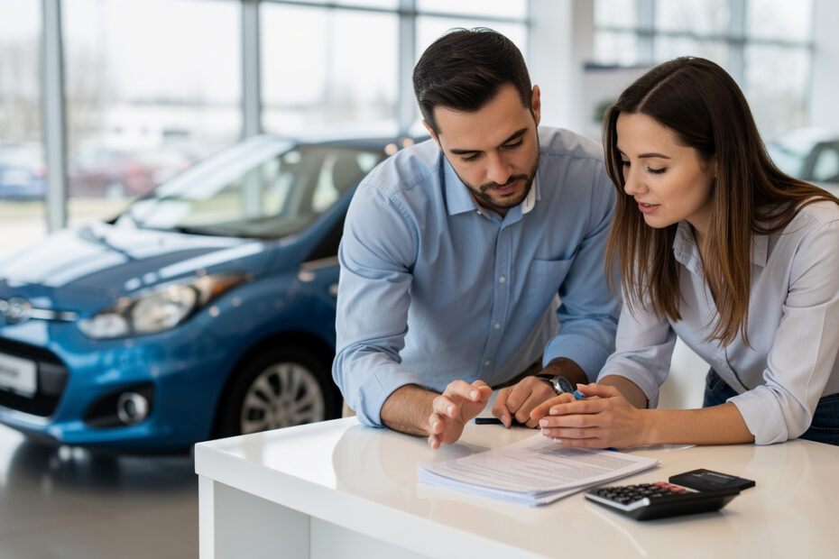 Un couple examine des documents de financement vierges à côté d’une voiture neuve dans une concession automobile lumineuse.