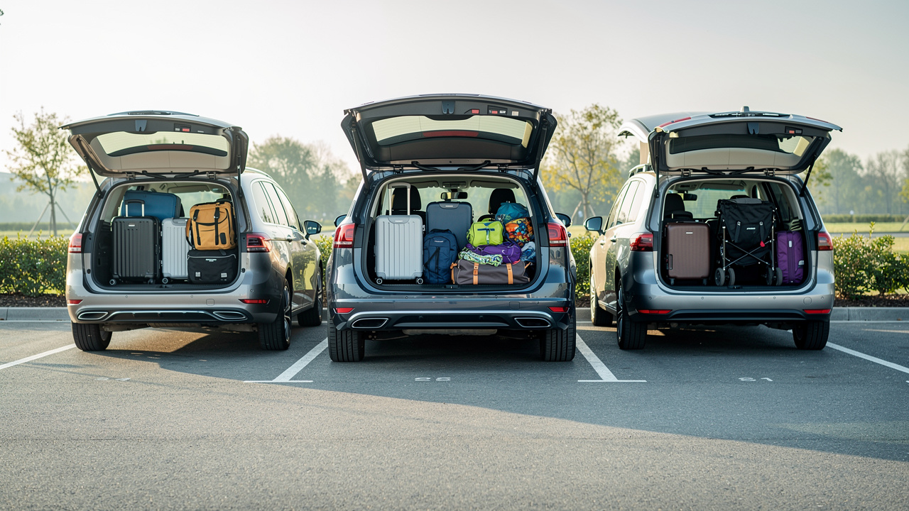 Comparaison entre un monospace, un SUV et un ludospace stationnés côte à côte, coffres ouverts et remplis de bagages familiaux.