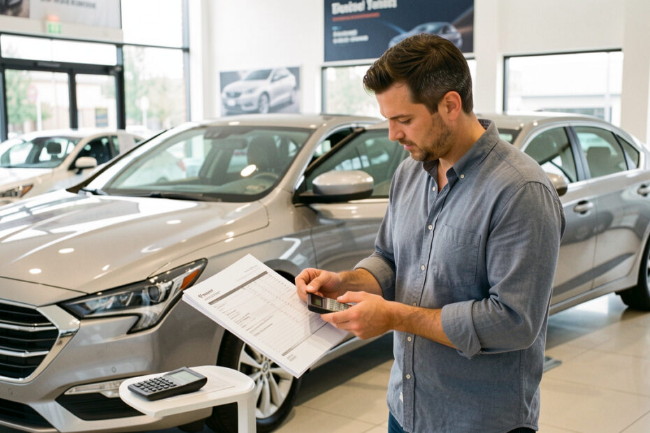 Un homme compare des devis vierges et calcule son budget à côté d’une voiture neuve dans une concession automobile moderne.