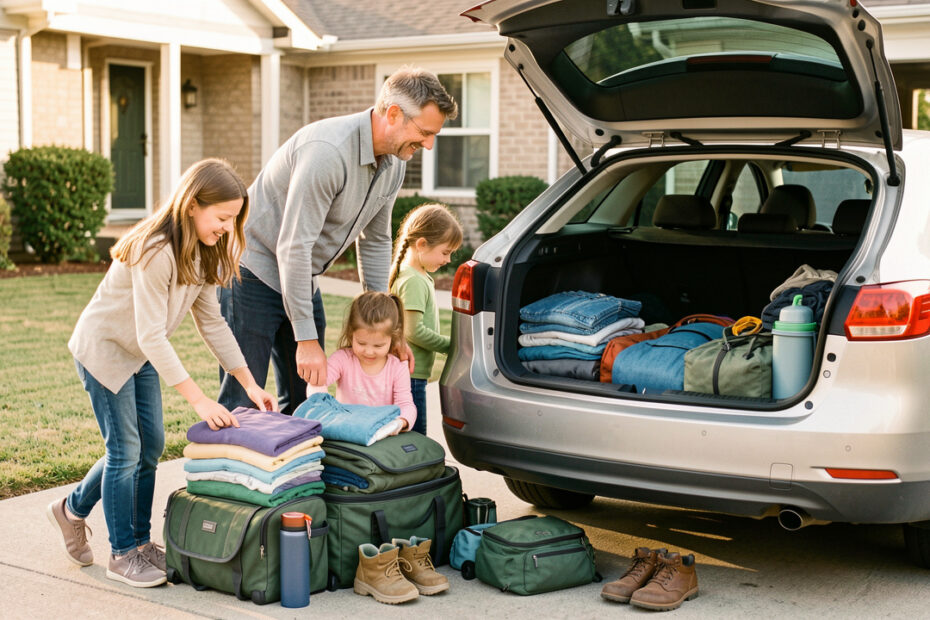 Une famille composée d’une femme, d’un homme et de trois enfants prépare son départ avec un coffre de voiture bien organisé et des équipements de voyage, sous une lumière naturelle.