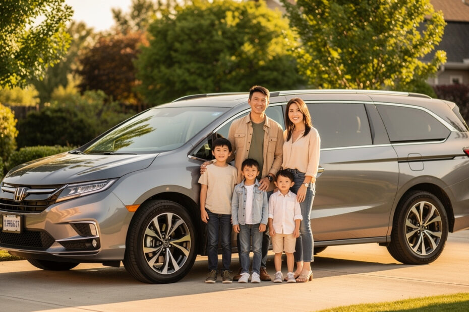 Une famille composée de deux parents et de trois enfants pose devant un monospace moderne dans une allée résidentielle bordée de végétation.