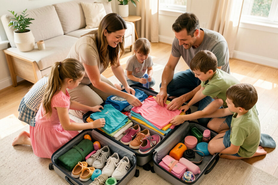 Une mère et un père organisent les affaires de voyage avec deux filles et deux garçons autour d’une valise ouverte dans une maison lumineuse.
