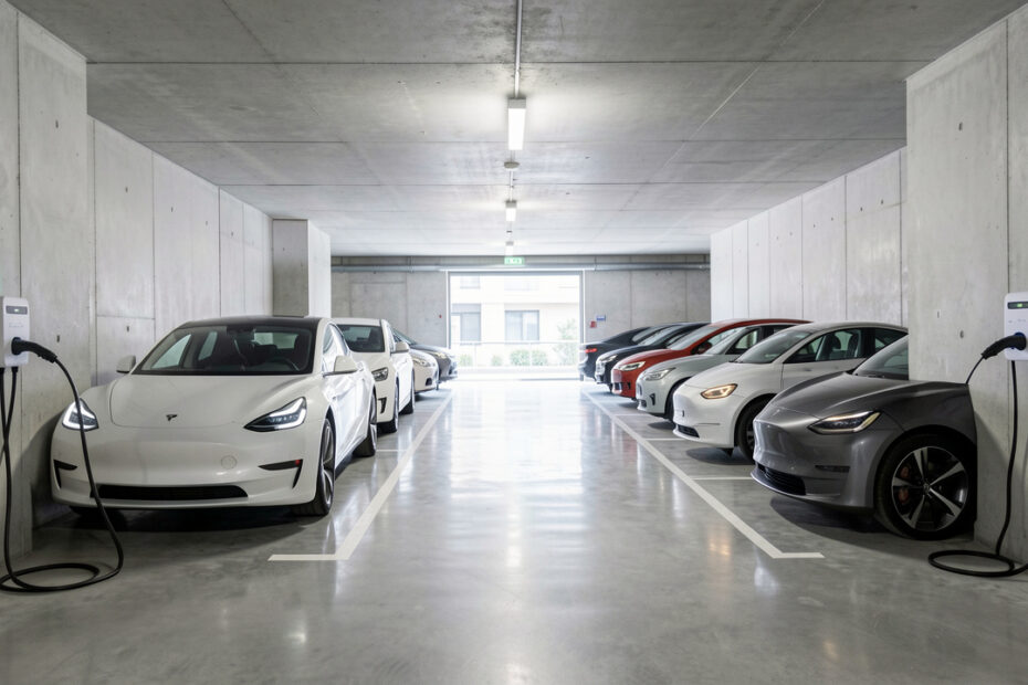 Parking souterrain moderne d’une copropriété avec plusieurs voitures électriques reliées à des bornes de recharge murales, sous un éclairage réaliste.