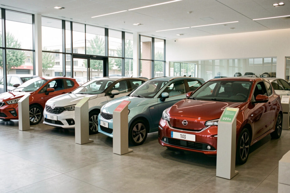 Plusieurs voitures électriques compactes aux designs asiatiques et européens sont alignées dans une concession automobile française moderne, avec des supports tarifaires visuels sans inscription.