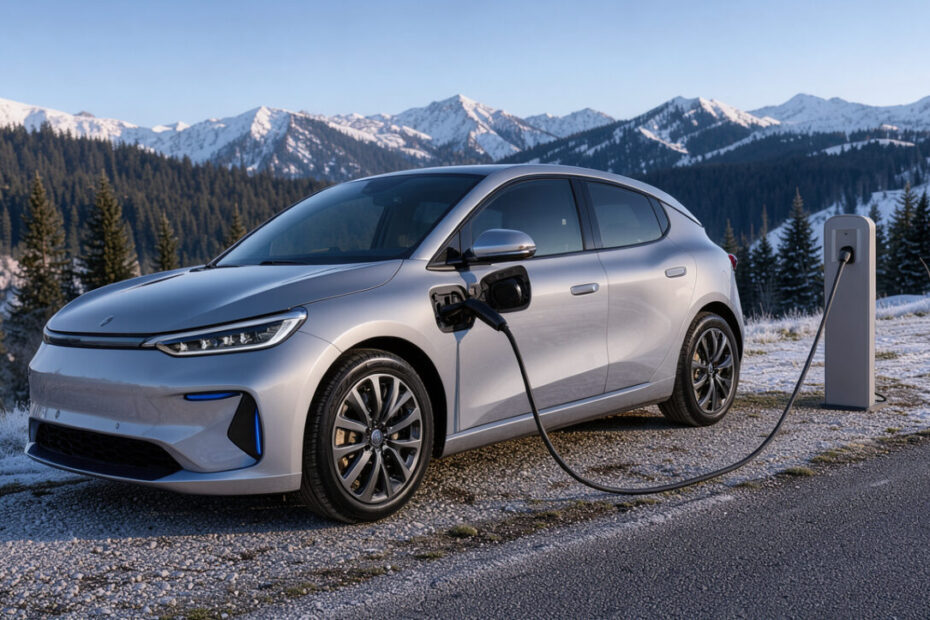 Voiture électrique compacte branchée à une borne de recharge devant un paysage alpin enneigé près de Chambéry, dans la lumière froide du matin.